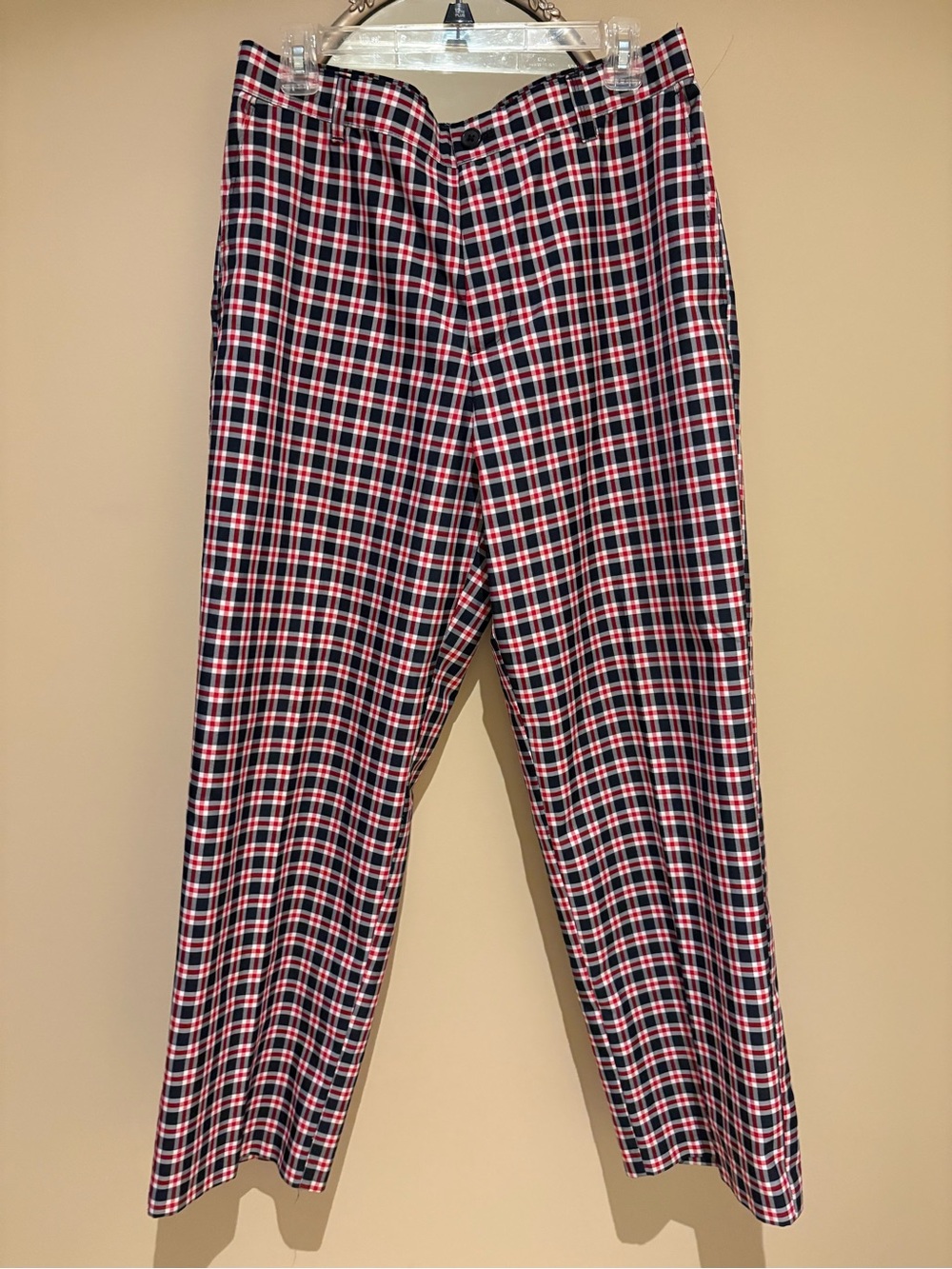 Izod Golf Mens Plaid Pants 34 x 30 Red White & Blue Plaid Waist Stay Like New